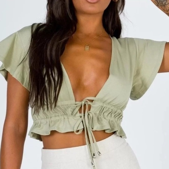 Princess‎ Polly Green ruffle detail double tie crop top size 10 - Picture 1 of 8